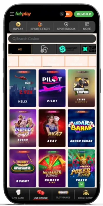 Casino lobby in the FairPlay mobile app