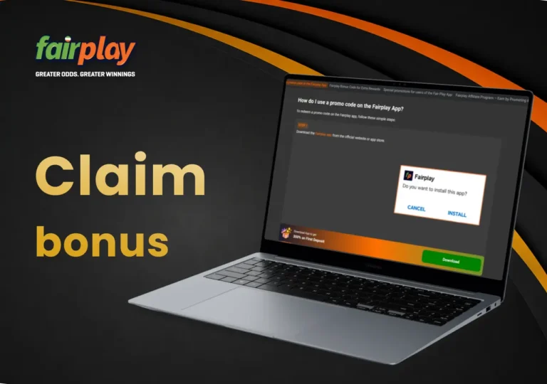 FairPlay process on how to claim bonuses shown on a laptop for new players.
